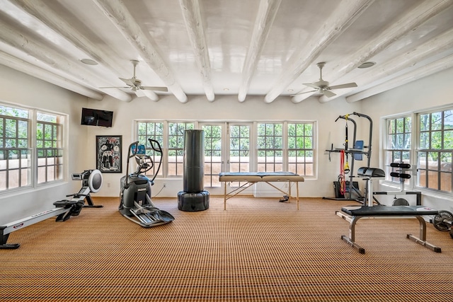 gym with carpet, plenty of natural light, and ceiling fan