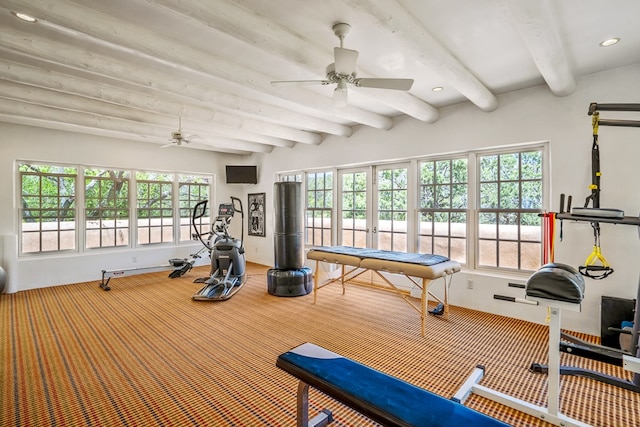 exercise room with ceiling fan