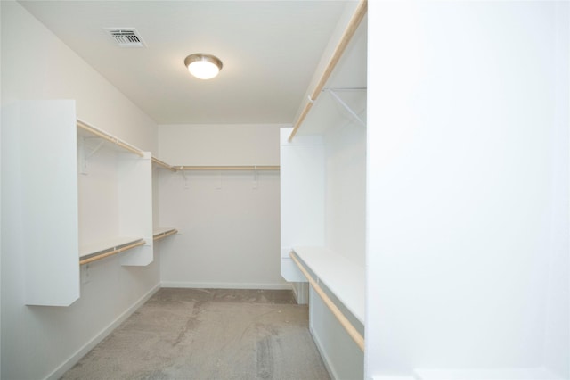 spacious closet featuring light colored carpet