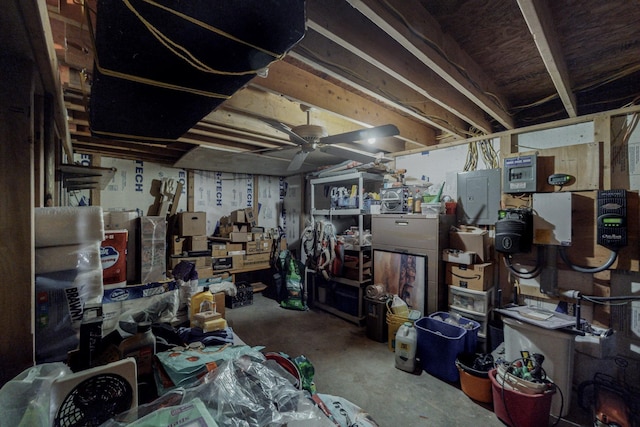 basement featuring ceiling fan