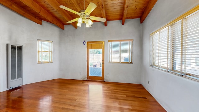 spare room with wood-type flooring, beam ceiling, wood ceiling, and ceiling fan