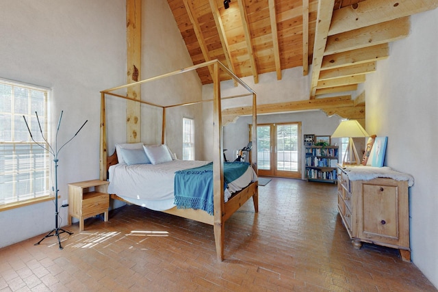 bedroom with beam ceiling, wood ceiling, and high vaulted ceiling