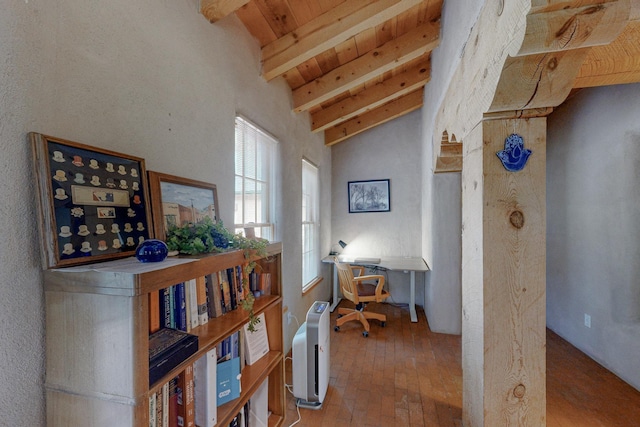 home office featuring beamed ceiling, high vaulted ceiling, and wooden ceiling