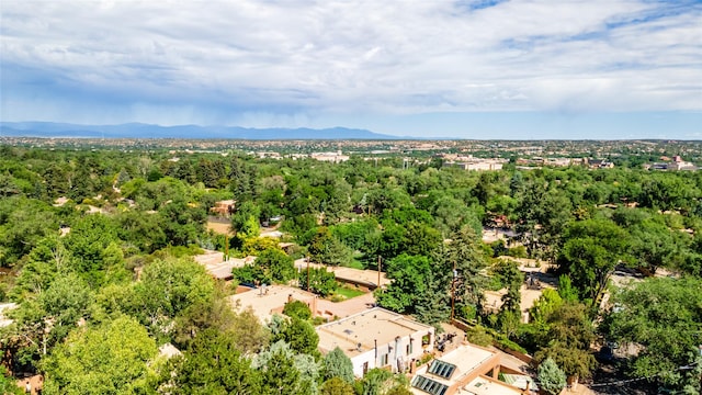 bird's eye view featuring a forest view and a mountain view