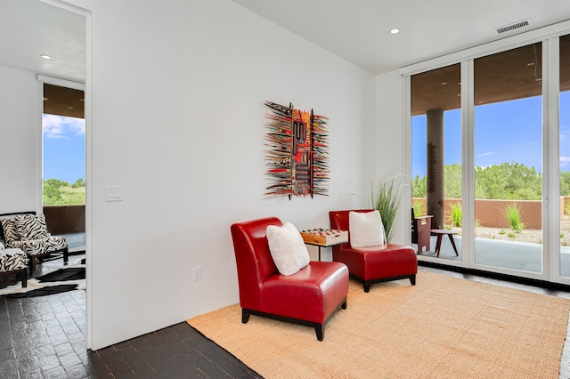 living area with floor to ceiling windows