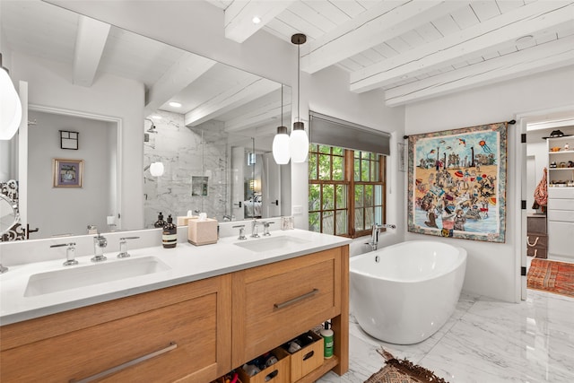 bathroom with plus walk in shower, beamed ceiling, wooden ceiling, and vanity