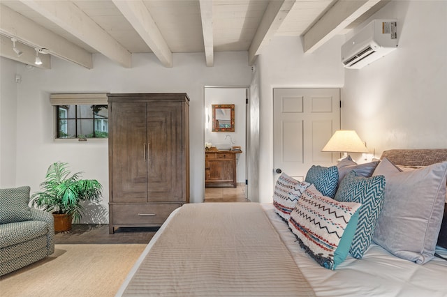 bedroom featuring light wood-type flooring, beamed ceiling, and wooden ceiling