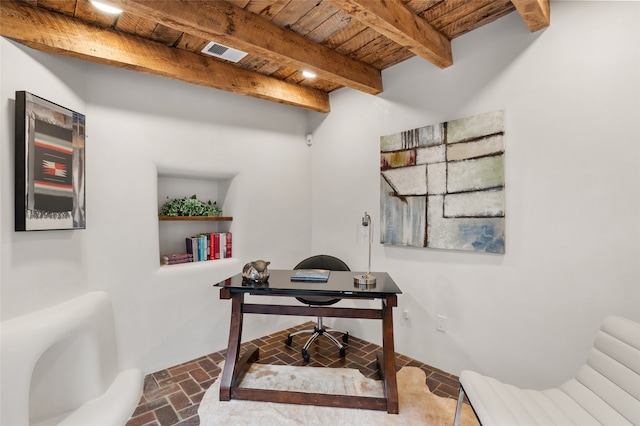 home office featuring beamed ceiling and wooden ceiling