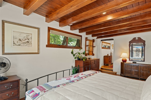 bedroom with wood ceiling and beamed ceiling