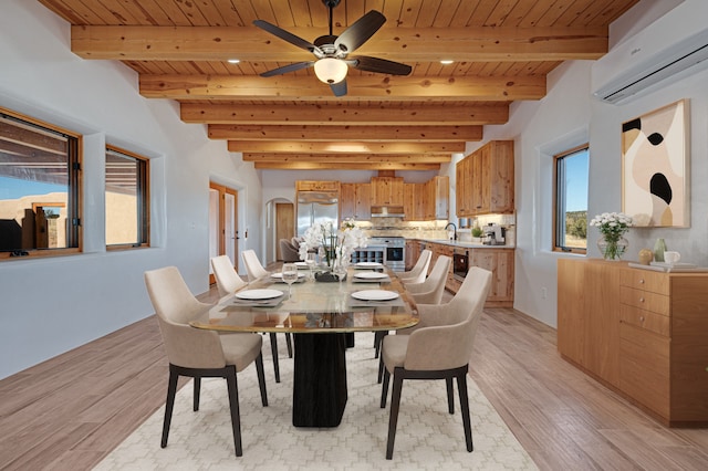 dining room with beam ceiling, an AC wall unit, wood ceiling, ceiling fan, and light hardwood / wood-style floors