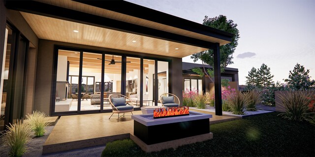 view of patio featuring an outdoor living space with a fire pit