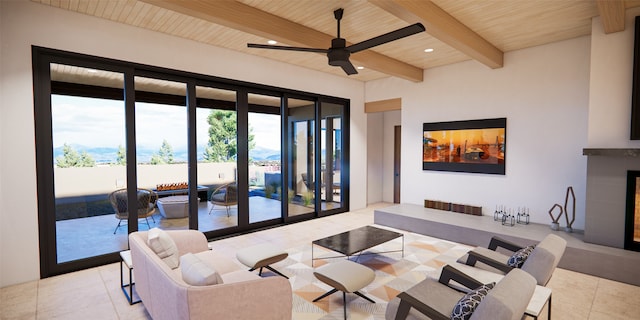 living room with wooden ceiling, ceiling fan, beam ceiling, and light tile patterned floors