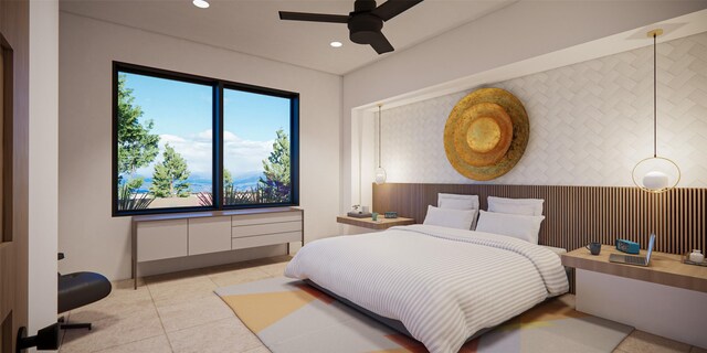 bedroom featuring light tile patterned floors and ceiling fan