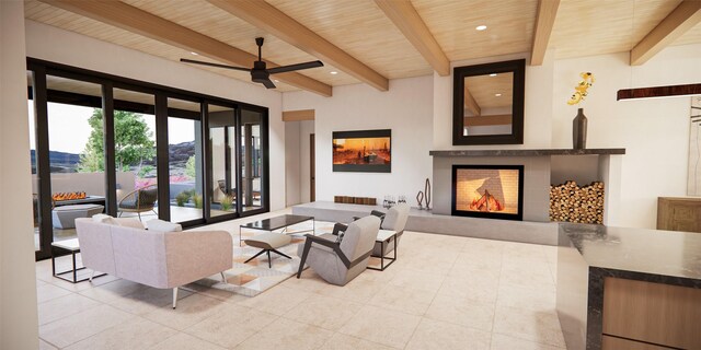 living room featuring light tile patterned flooring, beamed ceiling, wooden ceiling, and ceiling fan