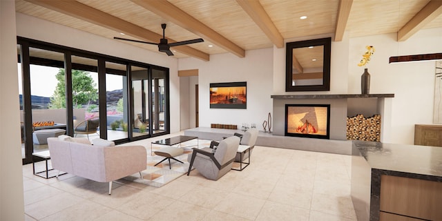 living room with wooden ceiling, a warm lit fireplace, beam ceiling, and recessed lighting