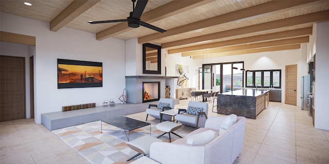 living room with light tile patterned floors, recessed lighting, wood ceiling, beamed ceiling, and a lit fireplace