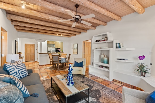 living room featuring wood ceiling, beam ceiling, ceiling fan, and light tile patterned floors