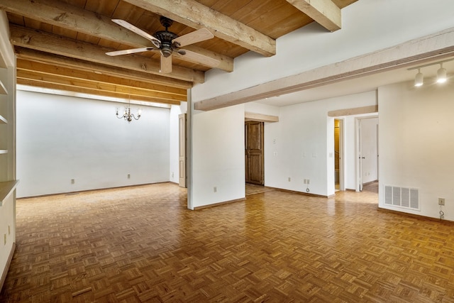 spare room with baseboards, visible vents, wooden ceiling, beamed ceiling, and ceiling fan with notable chandelier