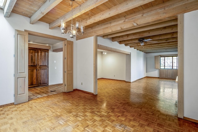 spare room featuring wooden ceiling, beamed ceiling, baseboards, and ceiling fan with notable chandelier