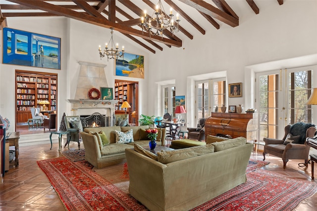 living room with french doors, tile patterned flooring, beamed ceiling, high vaulted ceiling, and a notable chandelier