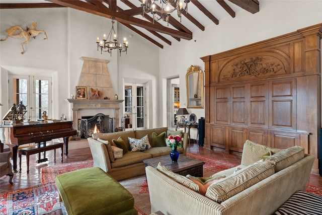 living room with beamed ceiling, tile patterned floors, high vaulted ceiling, and a chandelier