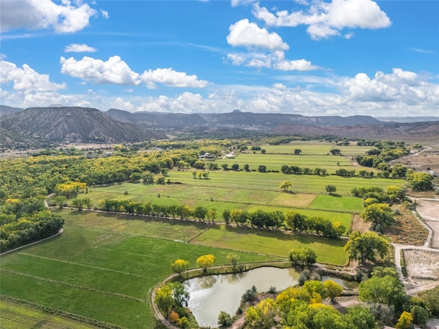 birds eye view of property with a rural view and a water and mountain view