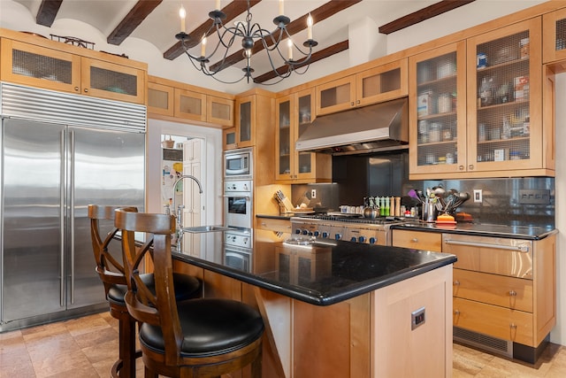 kitchen with built in appliances, backsplash, a center island, and sink