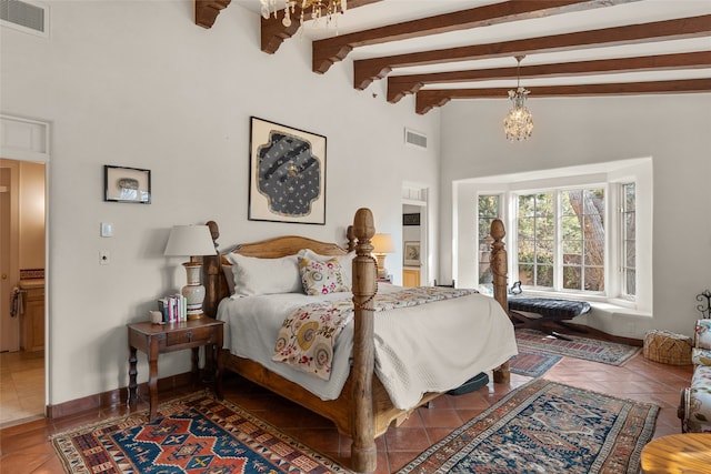 bedroom featuring tile patterned flooring, a notable chandelier, and beamed ceiling