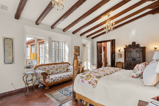 bedroom with a chandelier, tile patterned flooring, and lofted ceiling with beams