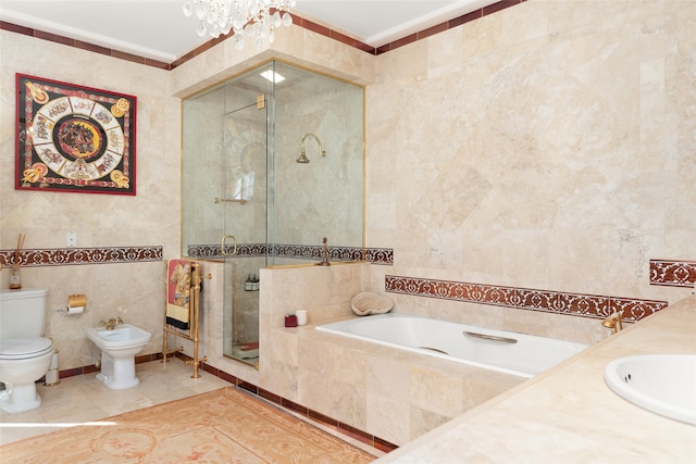 full bathroom with tile patterned flooring, a notable chandelier, crown molding, independent shower and bath, and tile walls