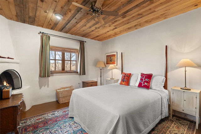 bedroom with ceiling fan and wooden ceiling