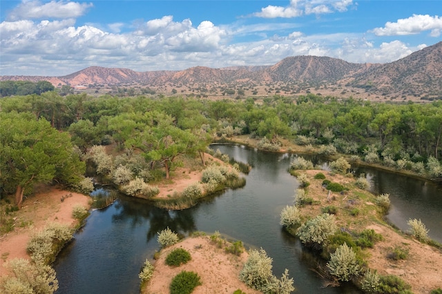 birds eye view of property with a water and mountain view