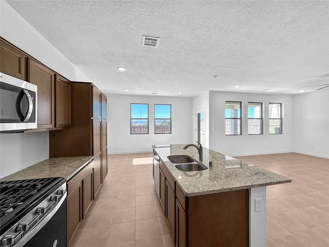 kitchen with a center island with sink, sink, stainless steel appliances, and a wealth of natural light