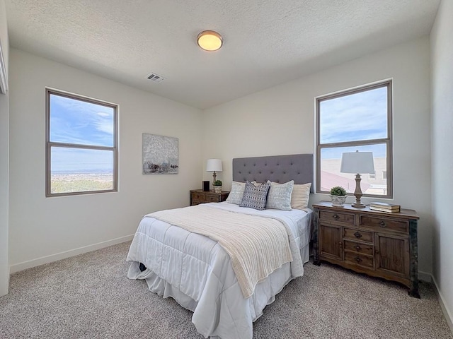 3497 Aster Ln, Santa Fe, NM 87507 - bedroom featuring light carpet, a textured ceiling, baseboards, and visible vents