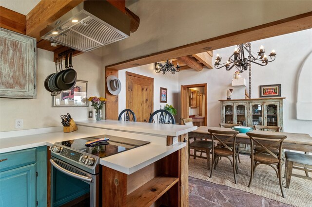 dining room with an inviting chandelier, beamed ceiling, and a high ceiling