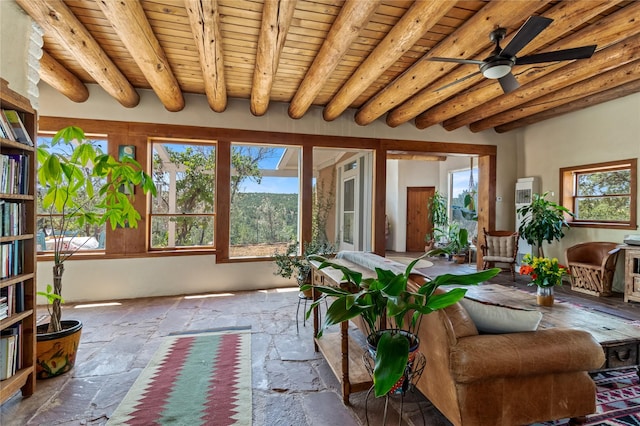 sunroom / solarium featuring wooden ceiling, ceiling fan, and beam ceiling