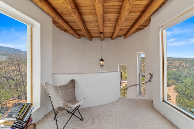 unfurnished room with wood ceiling, a mountain view, and beam ceiling