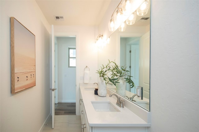 bathroom with vanity and wood-type flooring