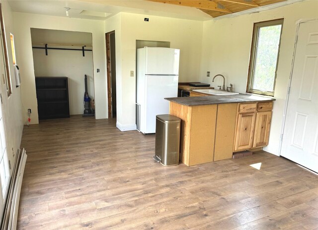 kitchen with light hardwood / wood-style flooring, sink, a barn door, beam ceiling, and white fridge