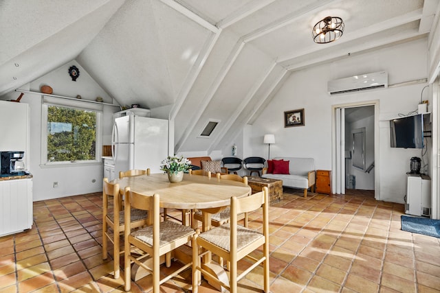 dining area with a textured ceiling, a wall mounted AC, lofted ceiling, and light tile patterned floors