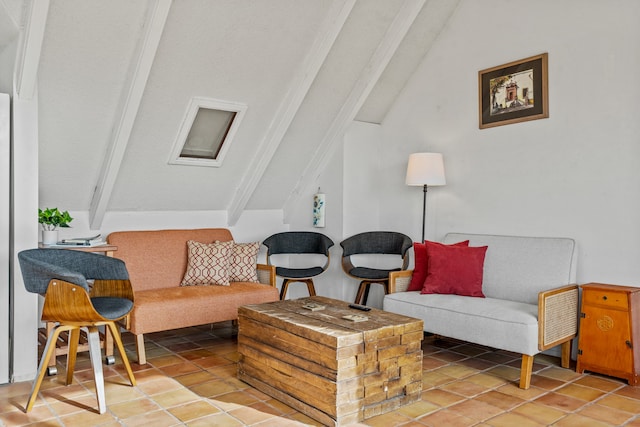 living room with tile patterned floors and lofted ceiling