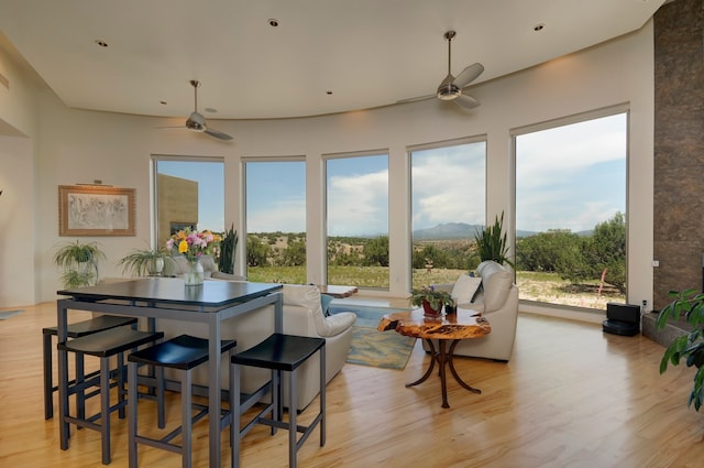 dining space featuring ceiling fan and light hardwood / wood-style floors