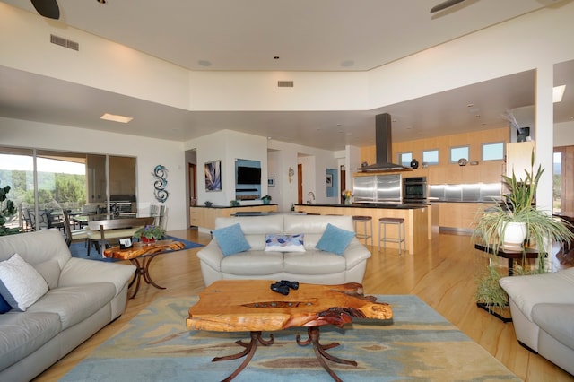 living room with a towering ceiling and light hardwood / wood-style flooring