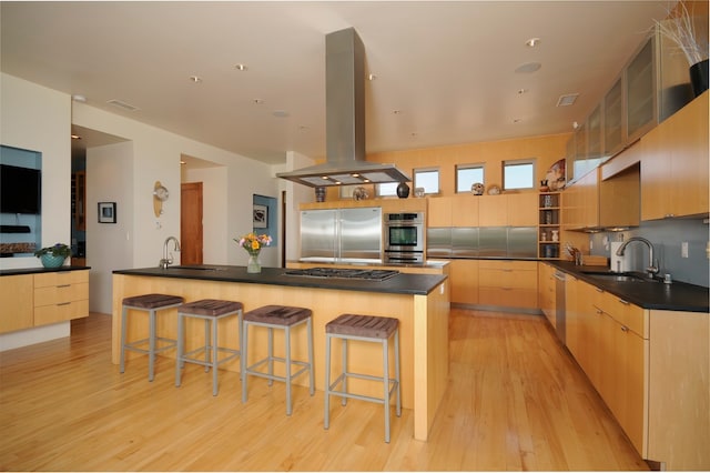 kitchen featuring light hardwood / wood-style flooring, appliances with stainless steel finishes, island exhaust hood, a large island with sink, and sink