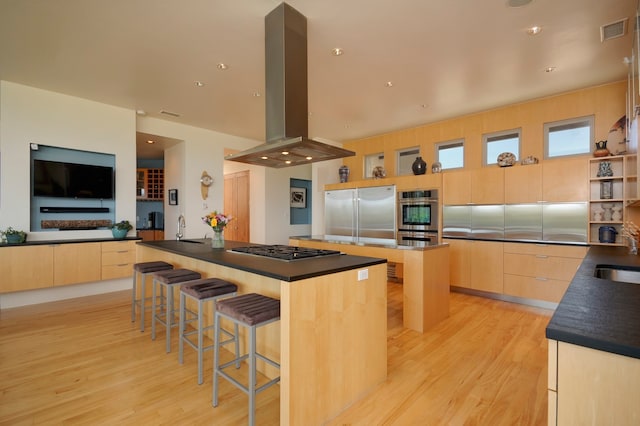 kitchen with island exhaust hood, a kitchen island, light wood-type flooring, stainless steel appliances, and sink