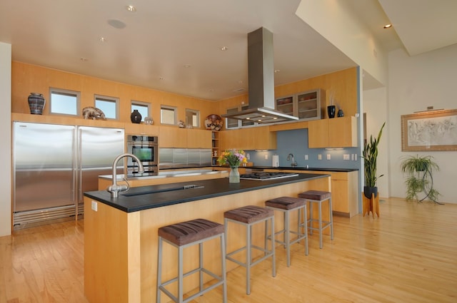 kitchen with island range hood, stainless steel appliances, light hardwood / wood-style flooring, and a kitchen island with sink