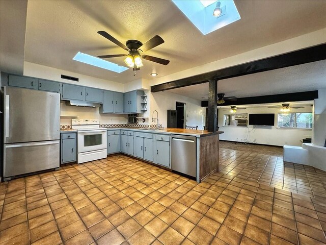 kitchen featuring a skylight, stainless steel appliances, and ceiling fan