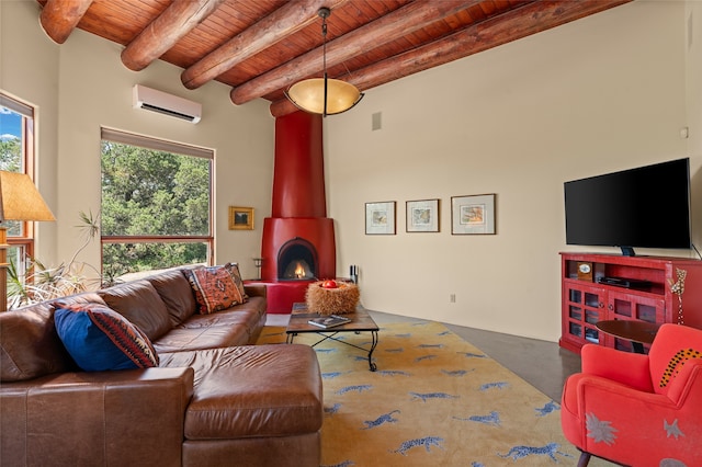 living room featuring plenty of natural light, a wall unit AC, wooden ceiling, and a wood stove