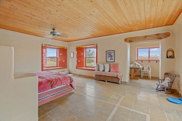 115 Waldo Mesa, Madrid, NM 87010 - bedroom featuring tile patterned flooring, multiple windows, and wood ceiling
