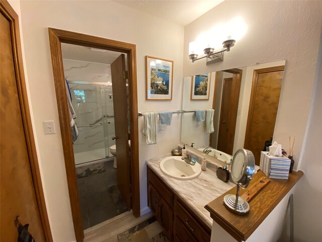 bathroom featuring vanity, toilet, and a shower with door